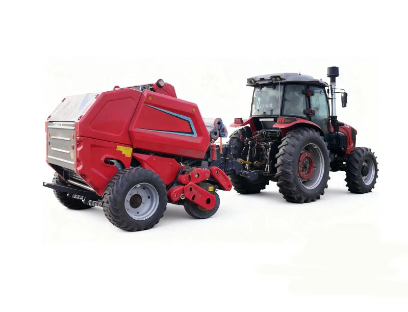 9YG-1.0C round baler in field operation collecting and baling standing corn stalks with hammer-claw pickup system showing direct stalk collection without prior cutting