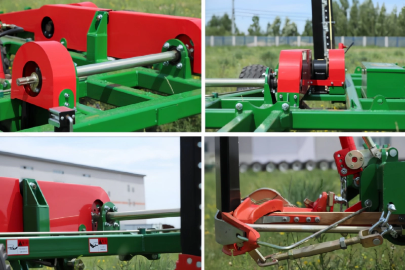 Close-up of the 9GS-5.0 Towable Dual-Blade Lawn Mower reciprocating cutter and its drive mechanism.