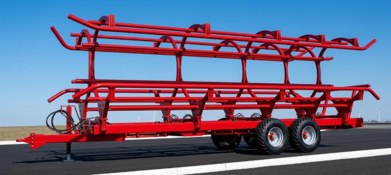 9JYY-4.5 Round Bale Picker and Transporter trailed implement showing hydraulic loading arm tandem axle four-wheel chassis and large-capacity bale deck for field collection and road transport