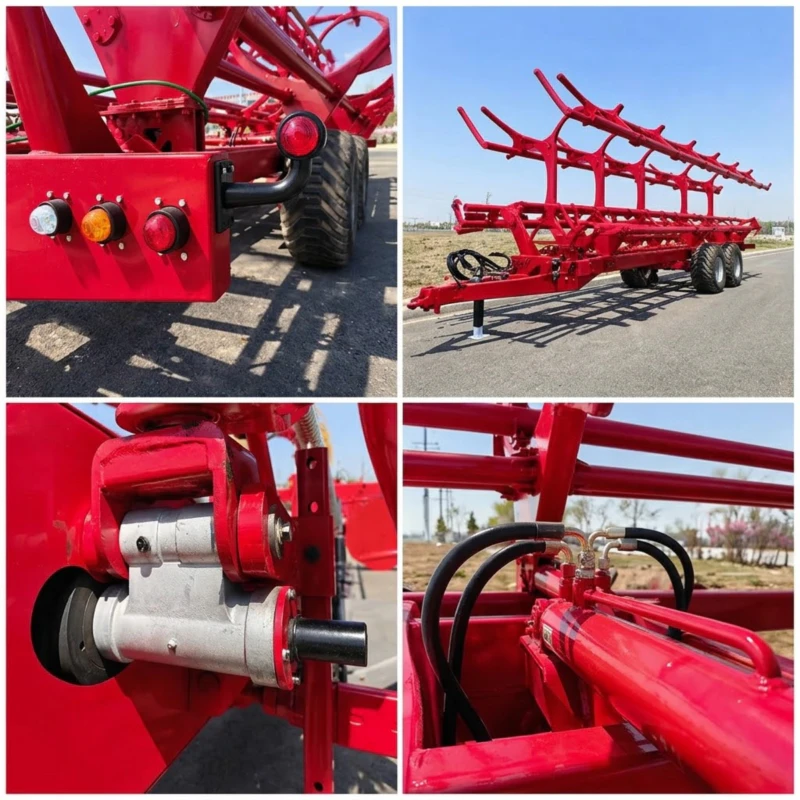 9JYY-4.5 Round Bale Picker Transporter detail showing hydraulic loading arm bale cradle mechanism tandem axle chassis deck loading capacity and transport configuration dimensions