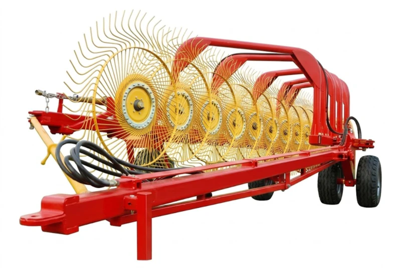 9LZY-9.0 Finger-Wheel Rake 9-metre wide trailed side-pull configuration showing 15 finger wheels and 900 tines across full working width for commercial hay windrow formation