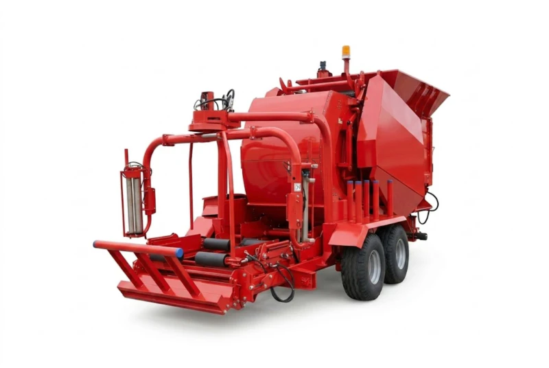 9YCM-850 combined baler and wrapping machine featuring high capacity forage hopper and automated wrapper arms