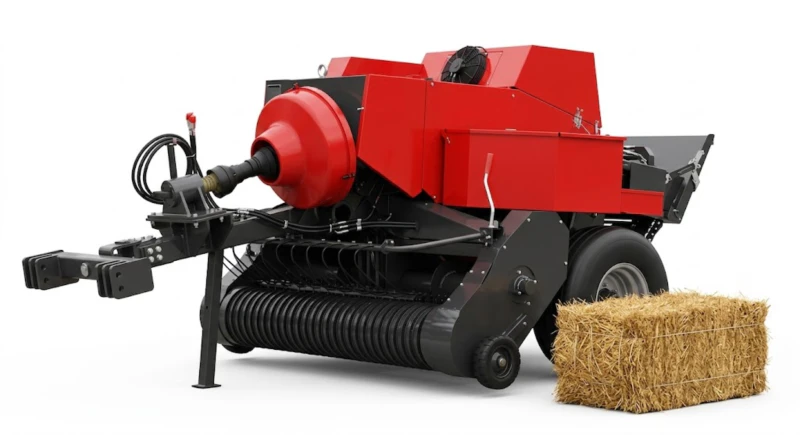 Professional square baler machine operating in wheat stubble field