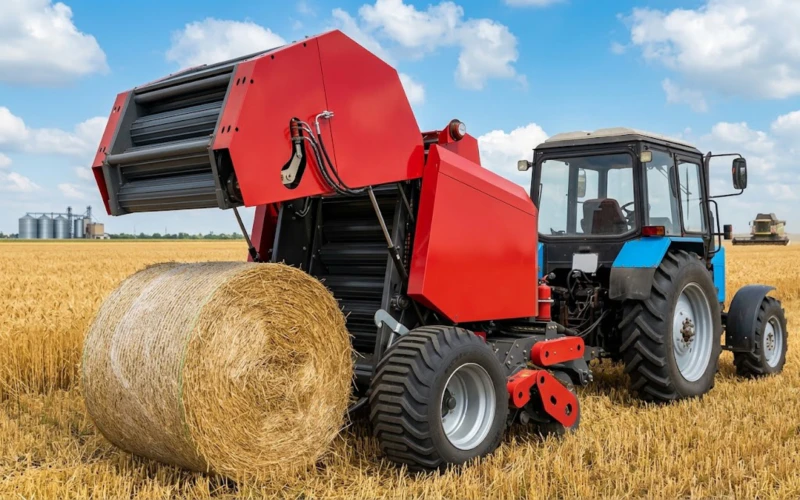 Round baler operating with appropriate tractor power delivering consistent productivity and bale quality