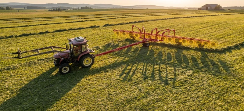 High speed mower and low loss rakes prepping forage windrows cleanly