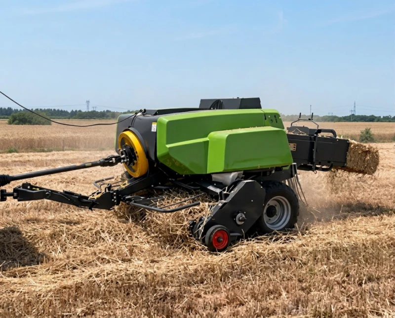 Heavy-duty baler showing PTO shaft connection and power transmission system configuration