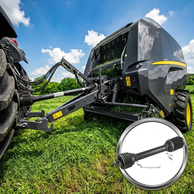 9YQ-1250 compact fixed chamber baler connected to a utility tractor via mechanical PTO link